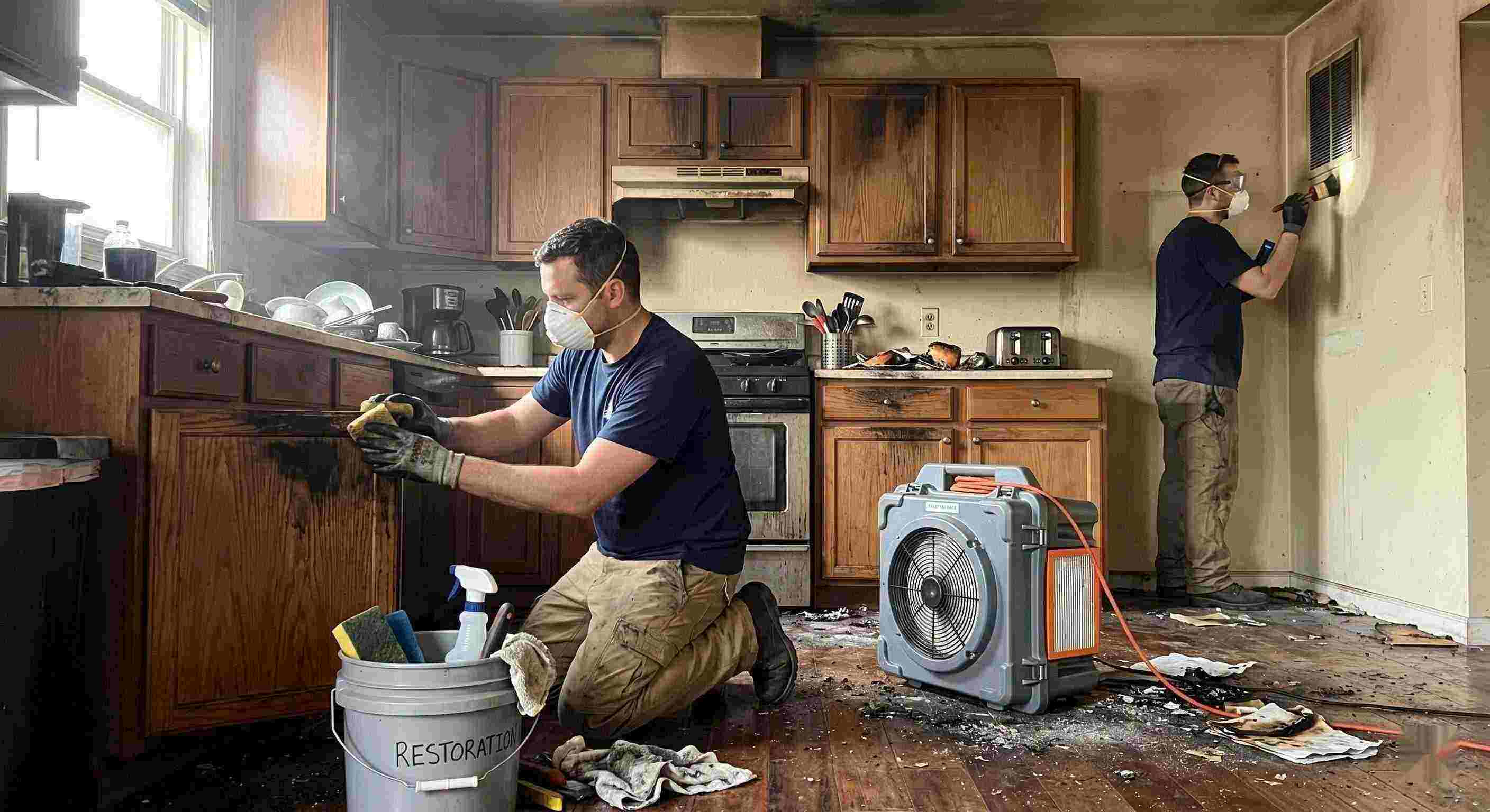 Technicians performing smoke damage removal in a home in Irvine after a kitchen fire, cleaning soot and restoring indoor air quality.