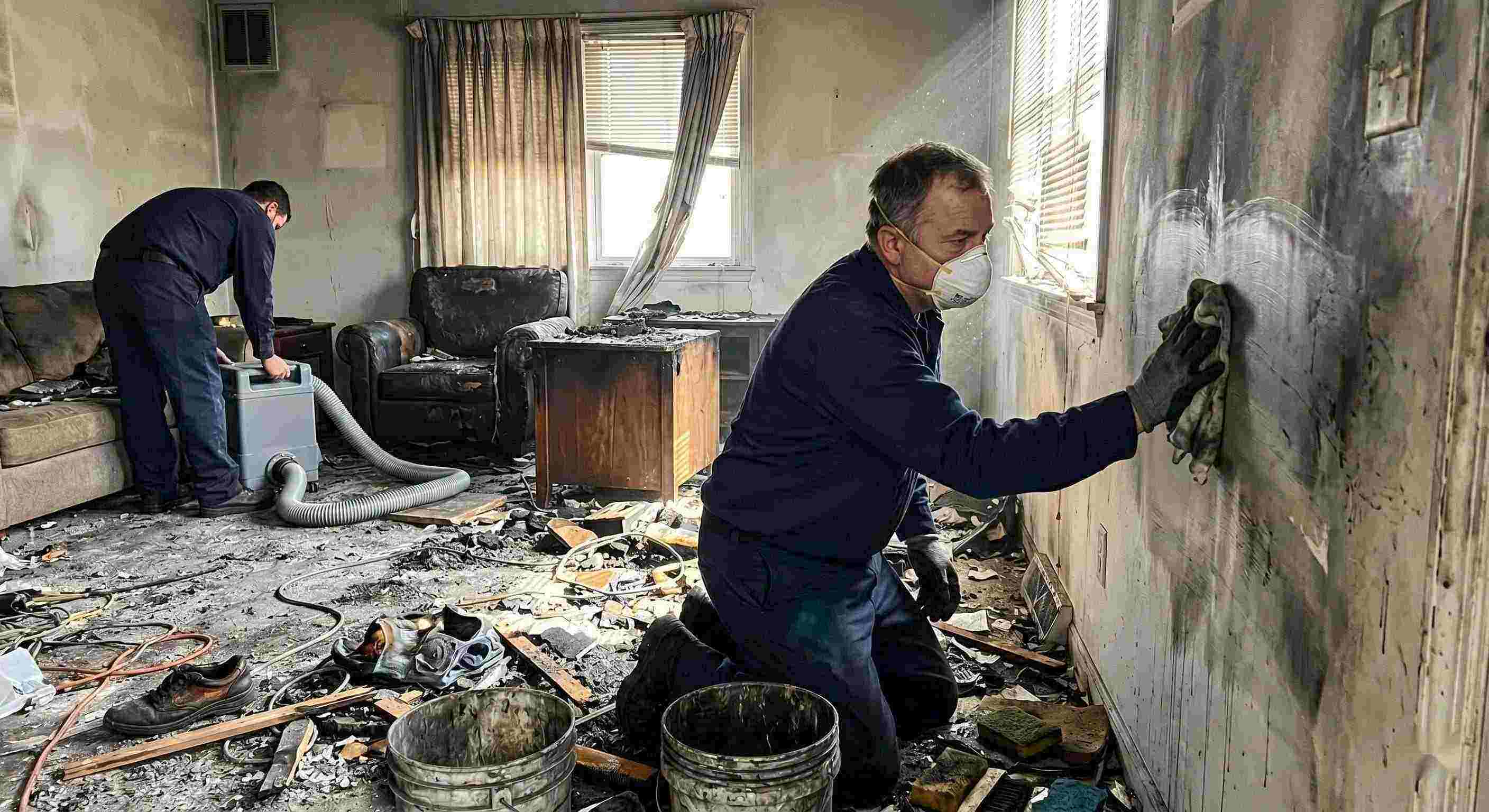 Technician performing soot removal in a fire-damaged home in Irvine, carefully cleaning walls and surfaces covered in smoke residue and ash