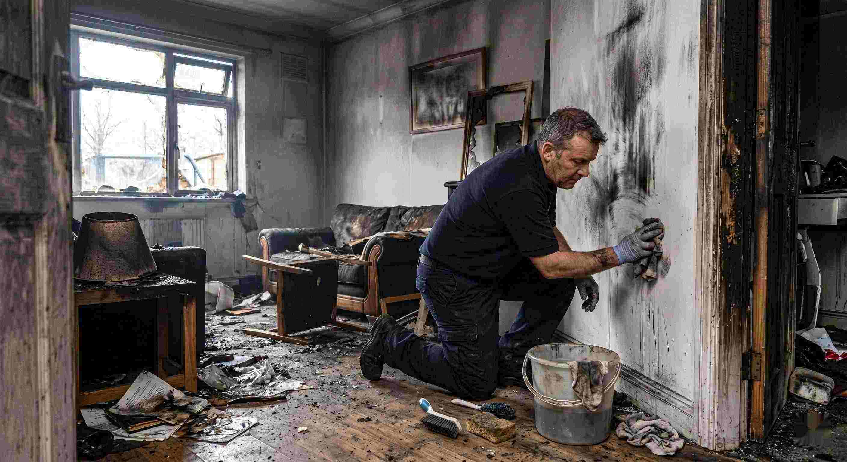 Technician performing soot removal in a fire-damaged home in Irvine, restoring smoke-damaged walls and surfaces.