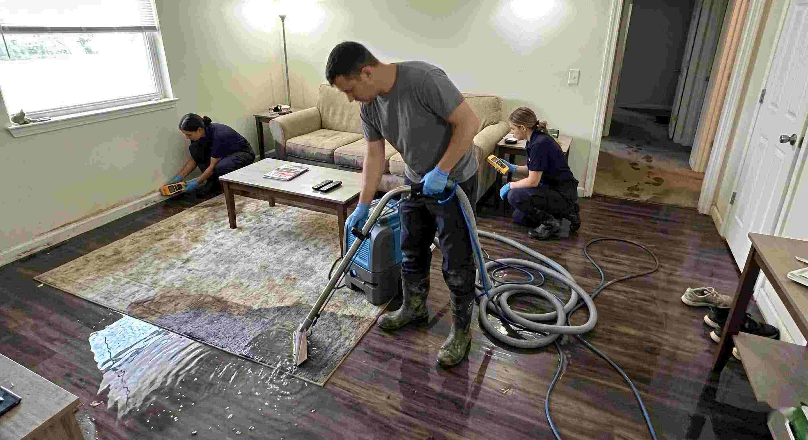 Reliable standing water extraction service removing pooled water inside a home in Downey