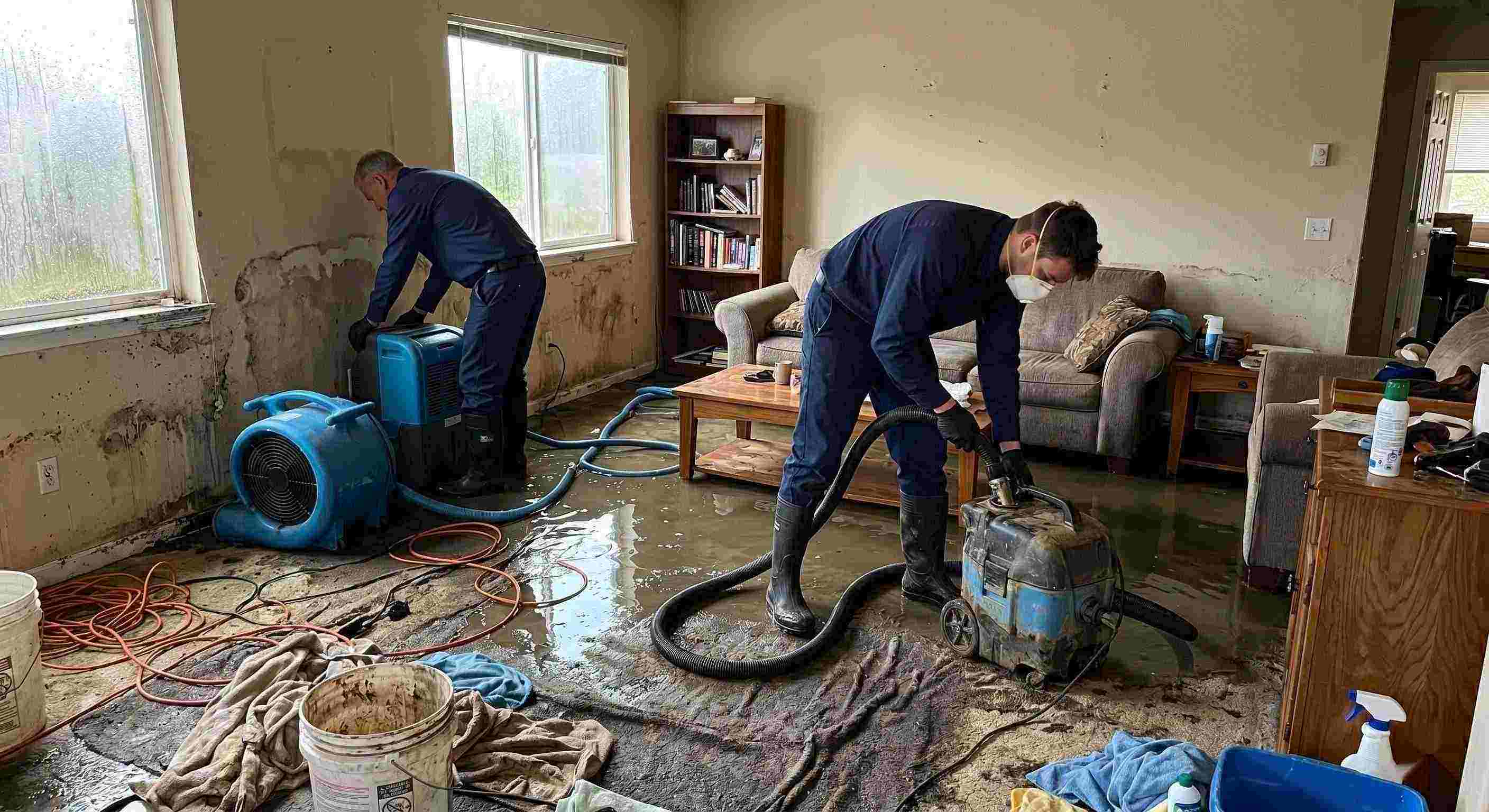 Storm water damage cleanup in a residential home showing technicians removing standing water and setting up drying equipment in Irvine.