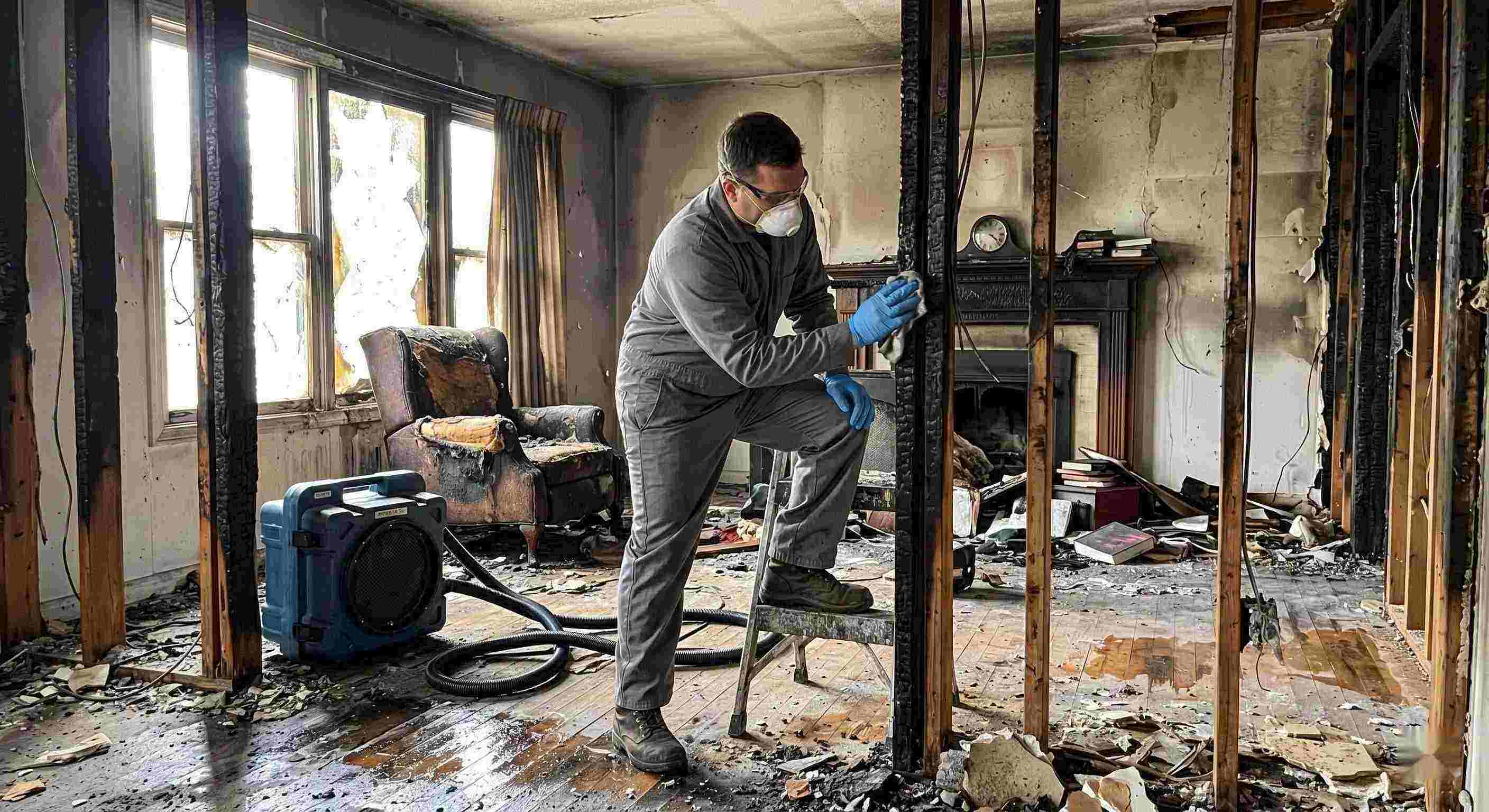 Fire damage structural cleaning after a residential fire in Irvine showing soot-covered beams, charred walls, and a technician restoring the home.