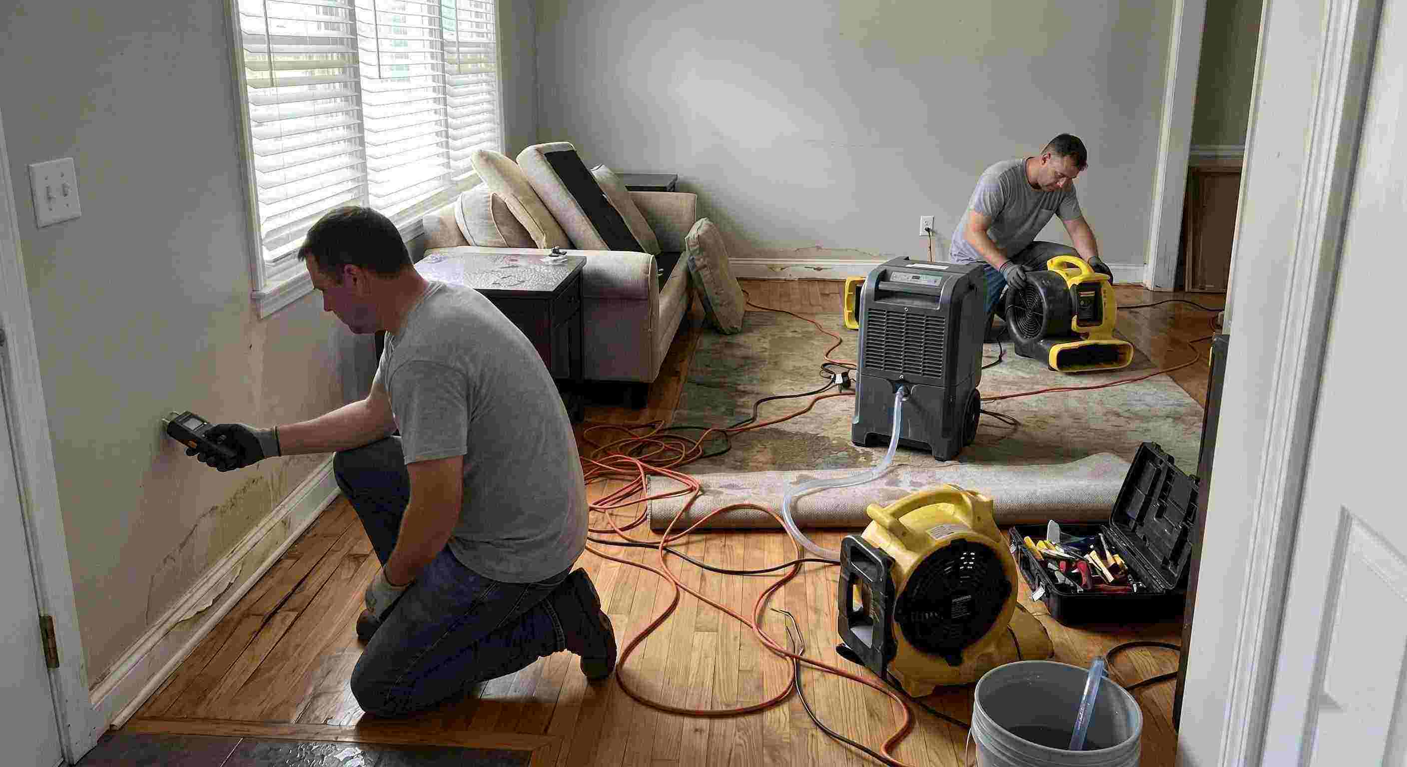 Reliable structural drying and dehumidification equipment removing moisture inside a water damaged home in Downey