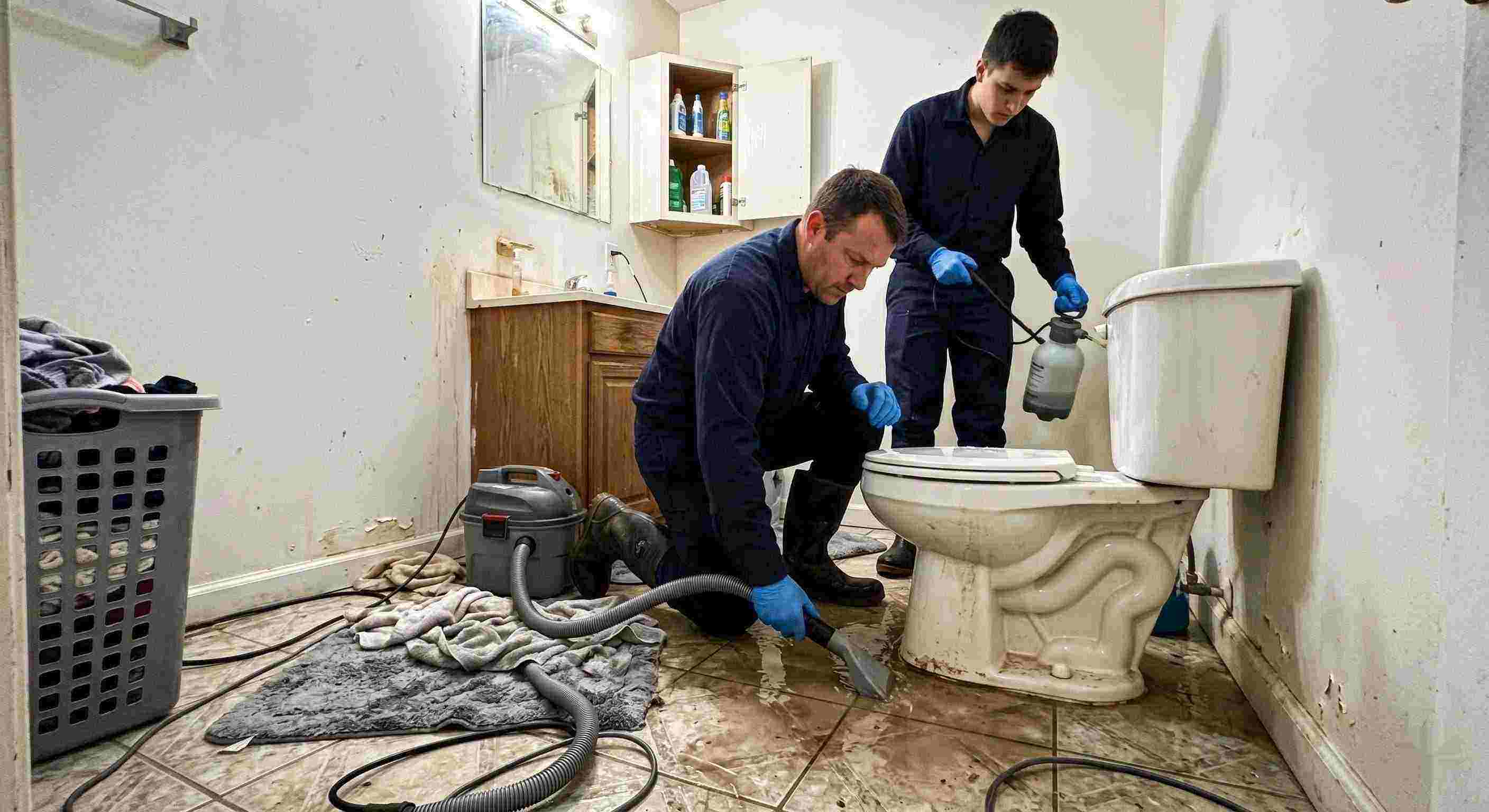 Trusted toilet overflow cleanup service in Orange with technicians extracting contaminated water from bathroom floor