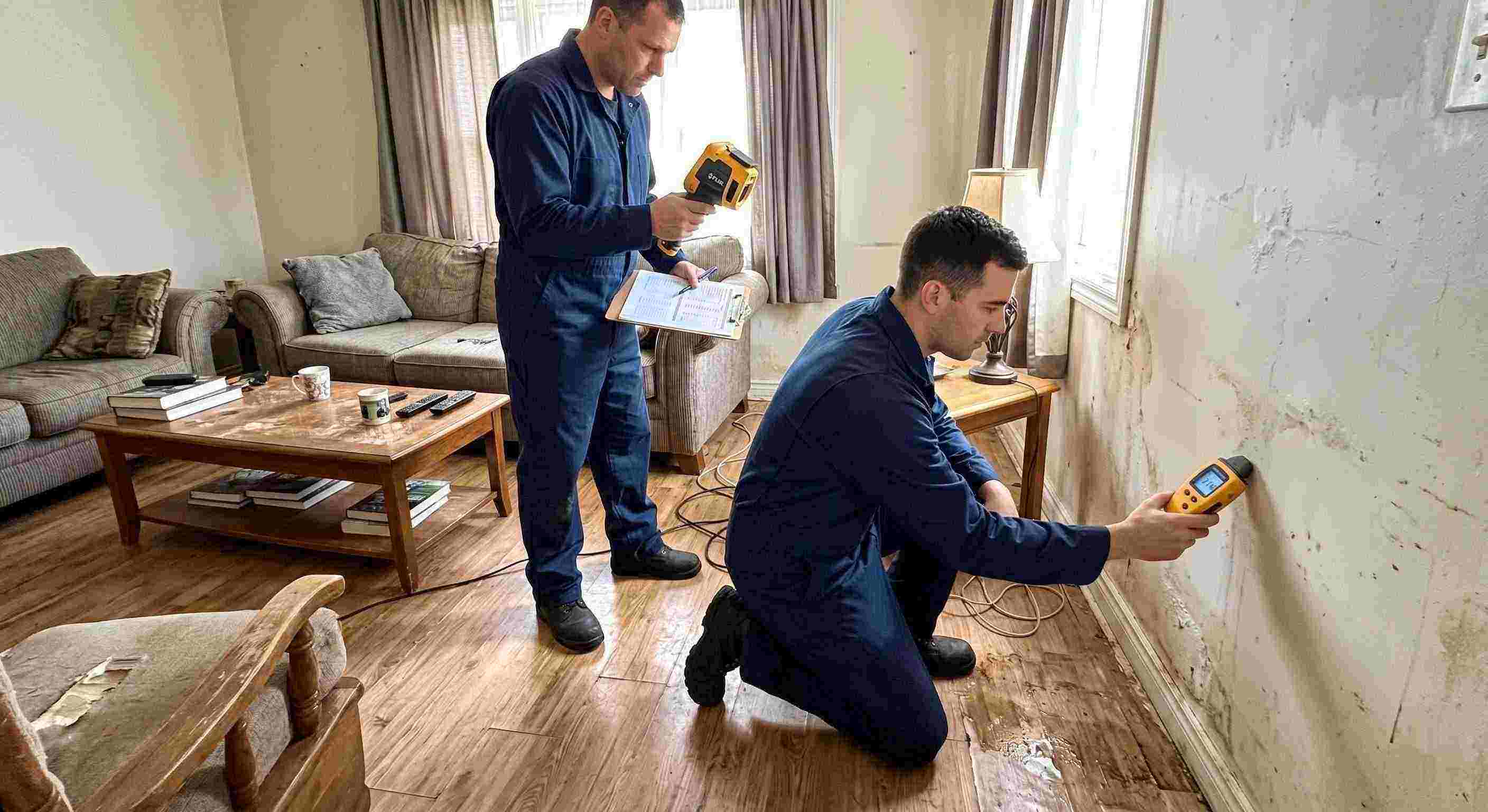 Professional water damage inspection technician using moisture meter and thermal imaging in Corona home