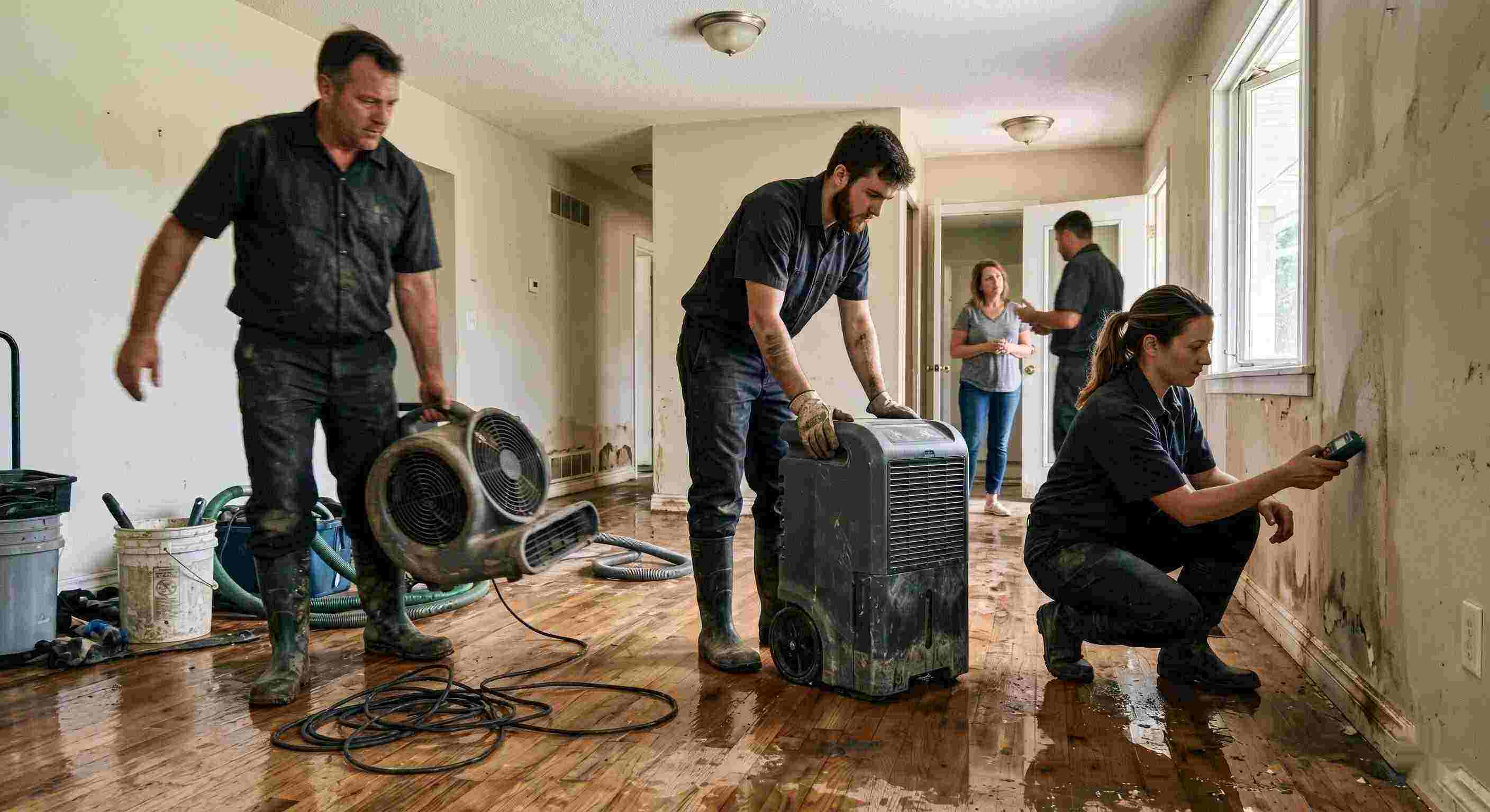 Fast trusted water damage restoration team in Corona using professional equipment for drying and inspection