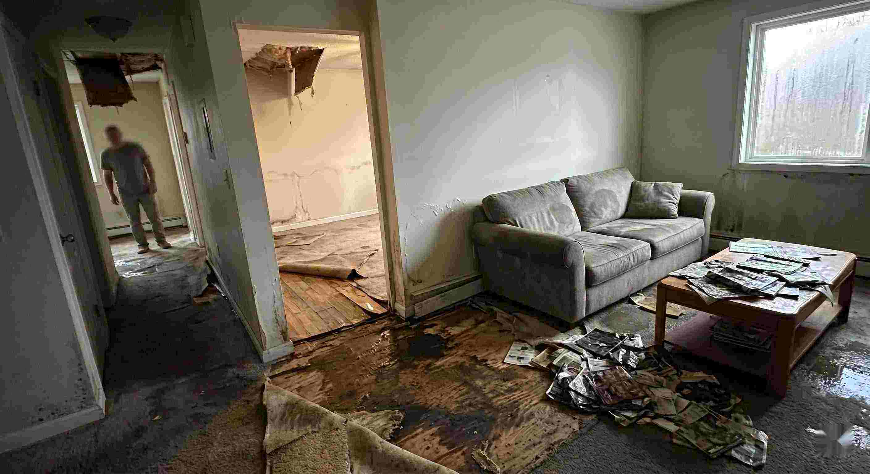 Fast severe indoor water damage in Corona home with soaked floors, peeling walls, and structural deterioration