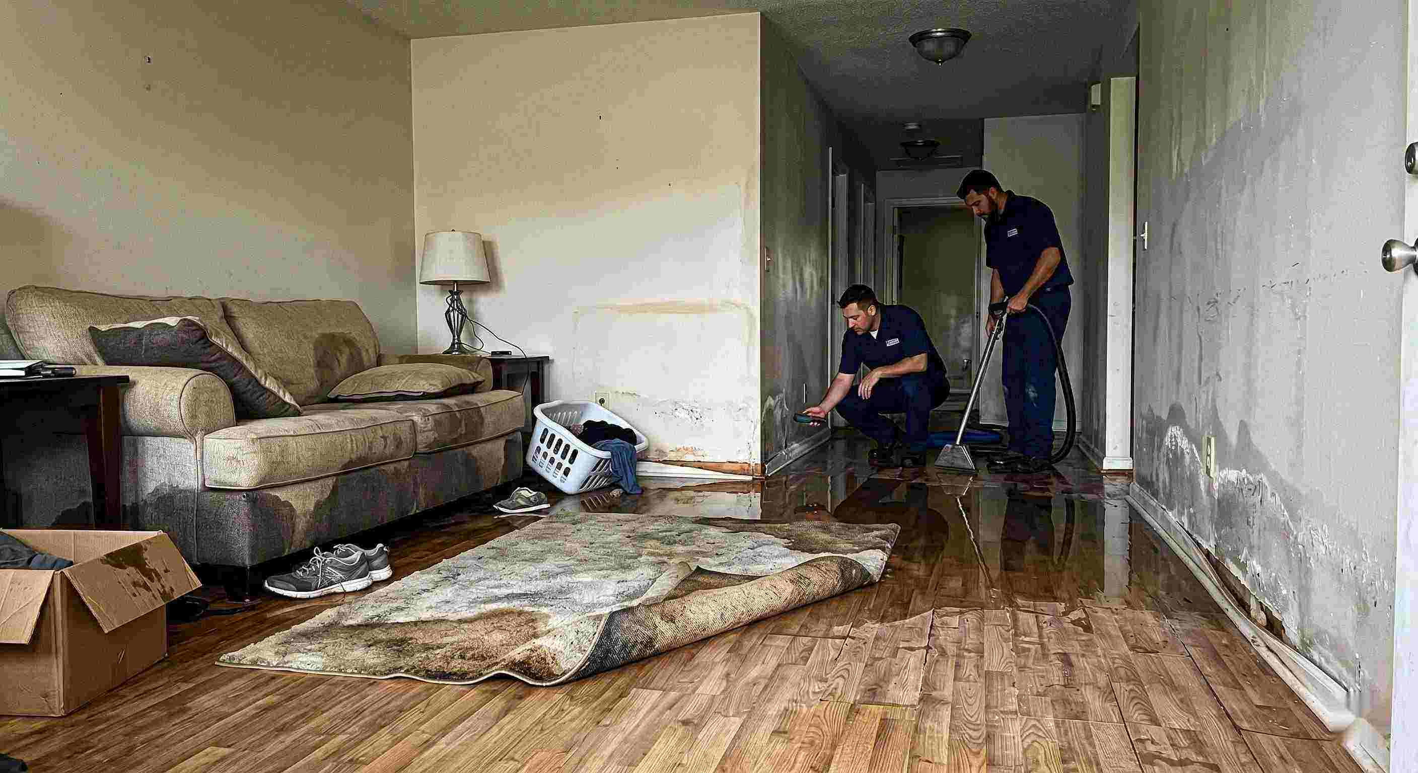 Trusted water damage spreading across floors and walls inside a home in Downey showing soaked flooring and structural impact