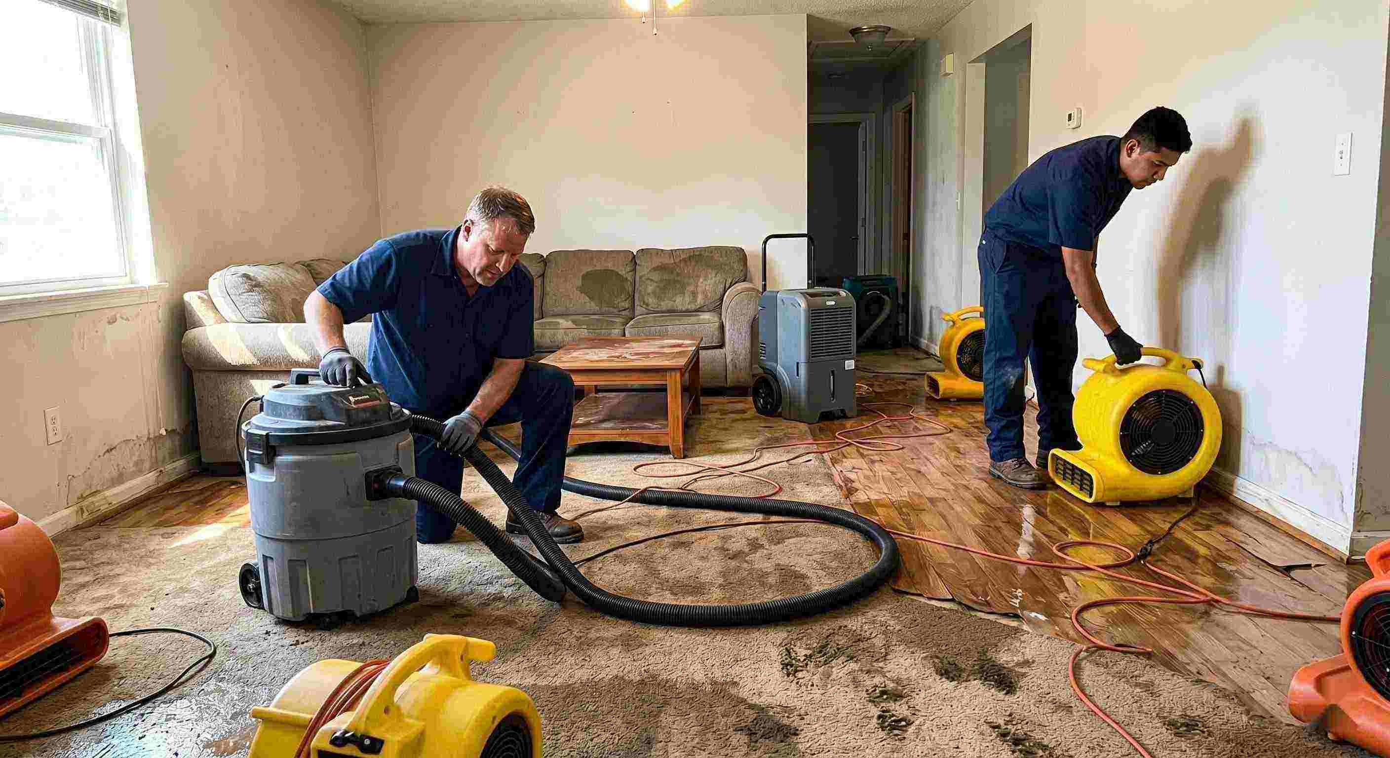 Reliable water extraction and drying service in Corona removing standing water and moisture from flooded home interior
