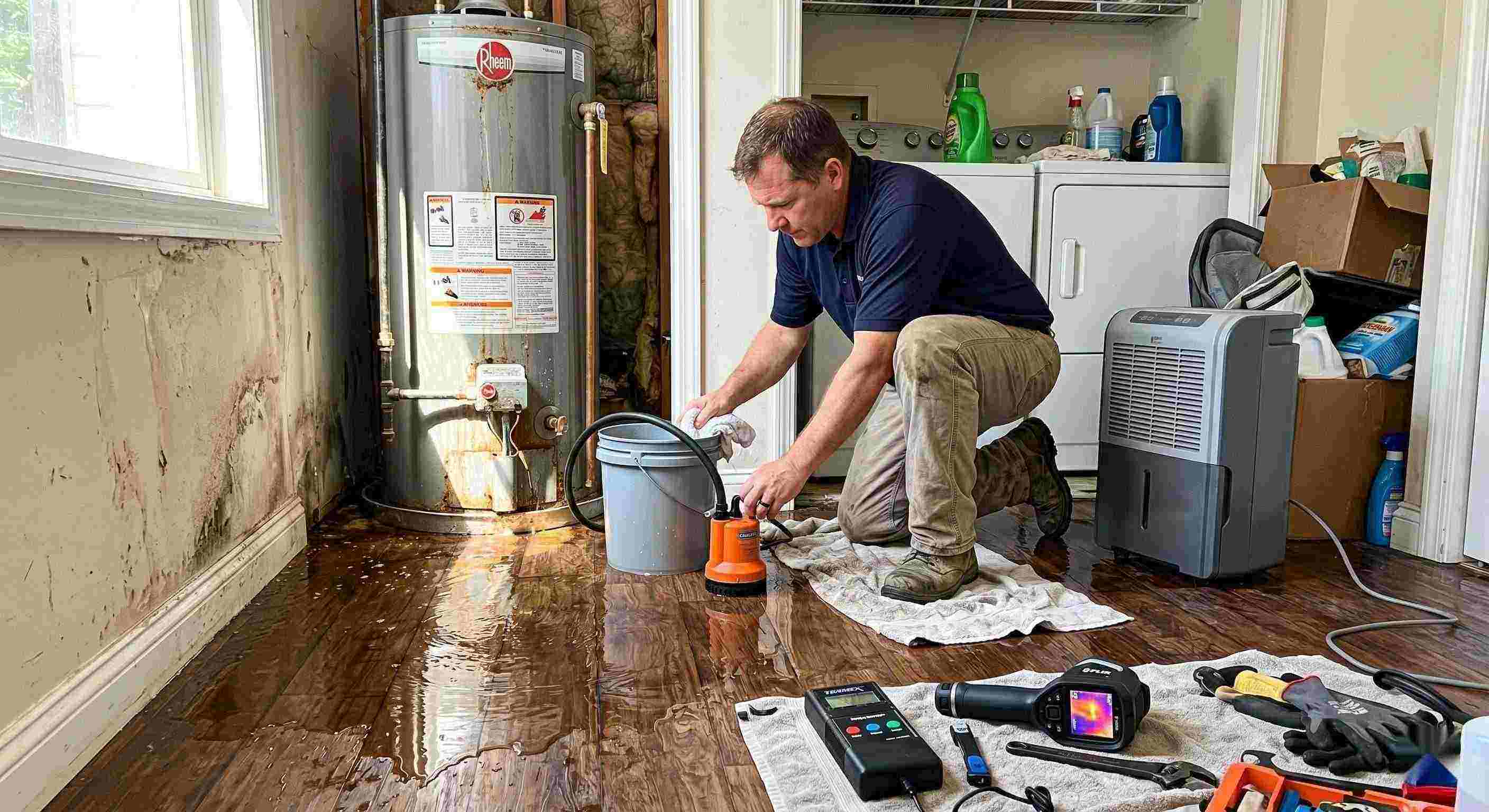 Technician performing water heater leak damage restoration in a home with water pooled on the floor and visible moisture damage in Irvine