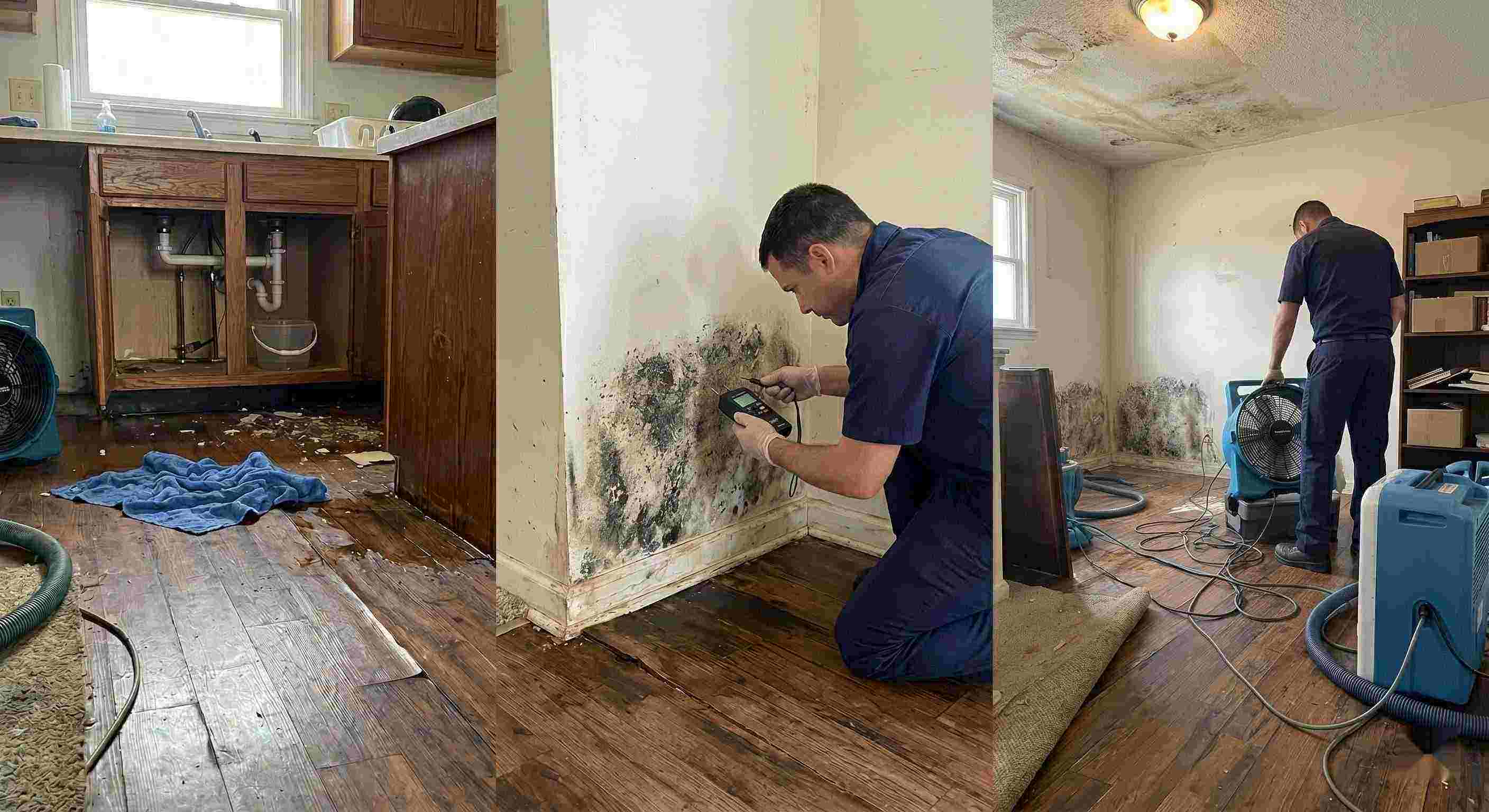 Realistic photo of water leak damage inside a home, showing pooled water, damp flooring, and technicians performing leak damage restoration in Irvine.