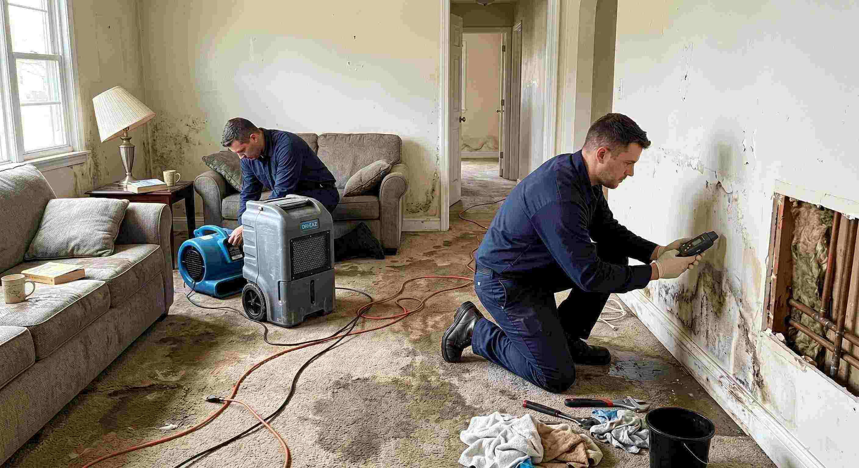 Realistic water leak damage repair scene in a residential home showing technicians locating and repairing a hidden pipe leak in Irvine.