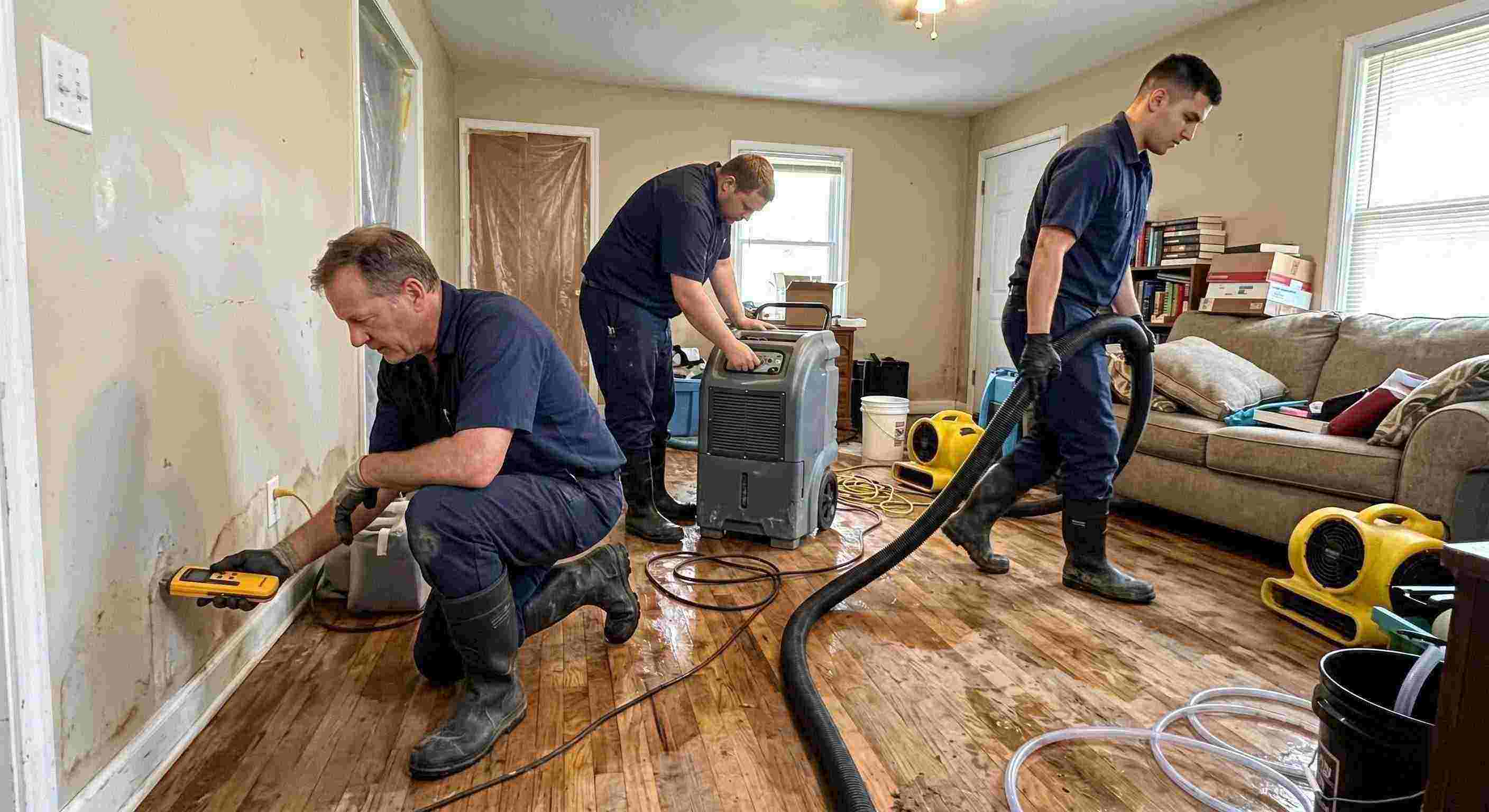 Expert water restoration experts team using professional equipment during water extraction in Downey