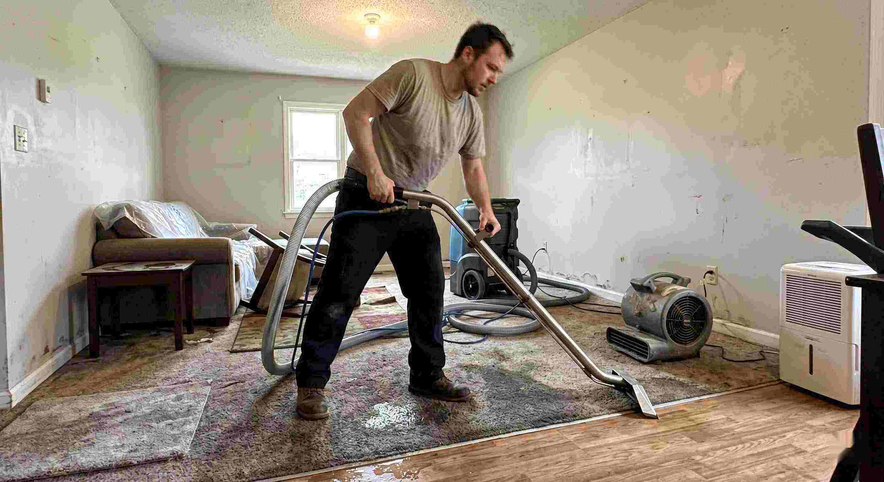 Top-rated water extraction technician removing water during restoration process in a residential home in Downey