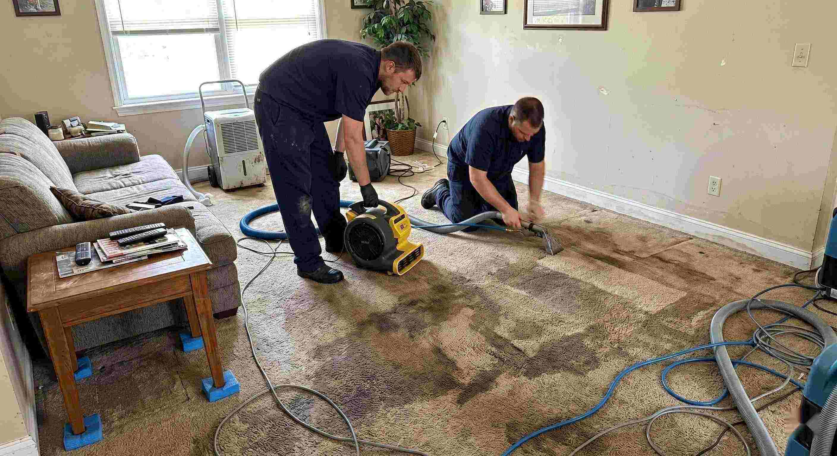 Reliable wet carpet cleanup service in Downey removing moisture from soaked residential carpet using extraction and drying equipment