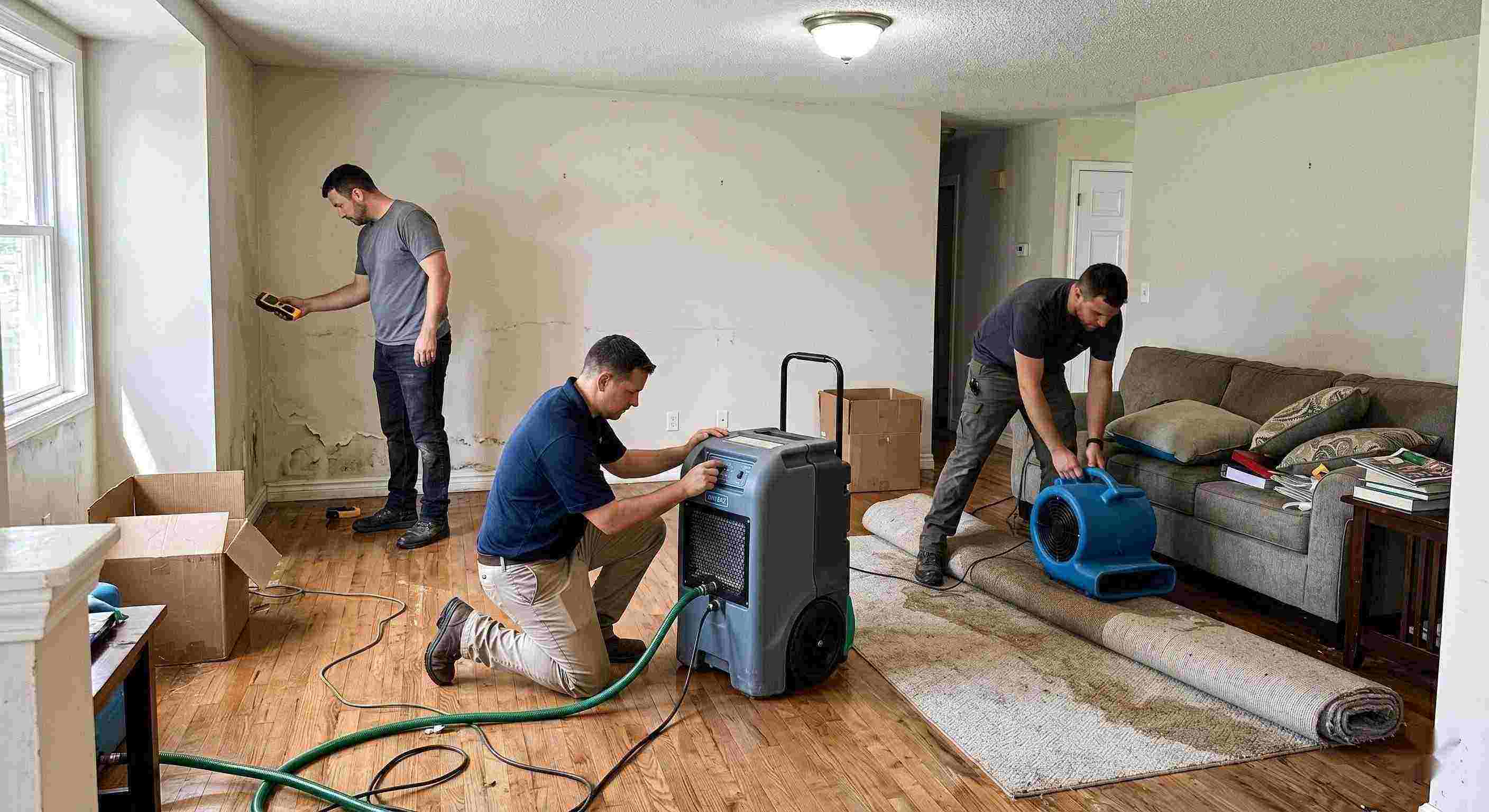 Local flood restoration team working in a water-damaged home, showing equipment and hands-on cleanup process in Irvine