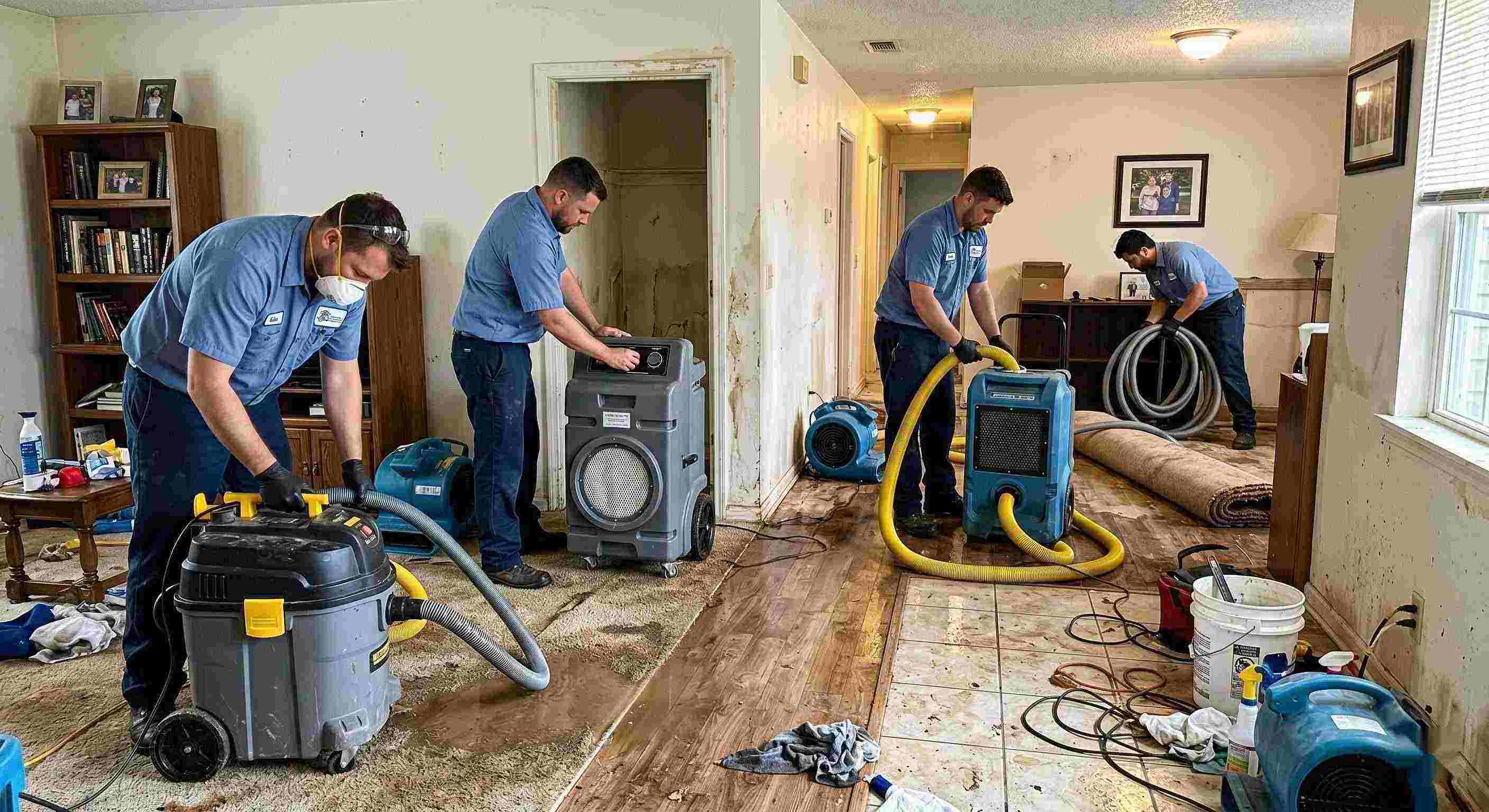 Local realistic photo of sewage backup cleanup team using professional equipment in a home interior, showing trust, teamwork, and proper restoration techniques in Orange.